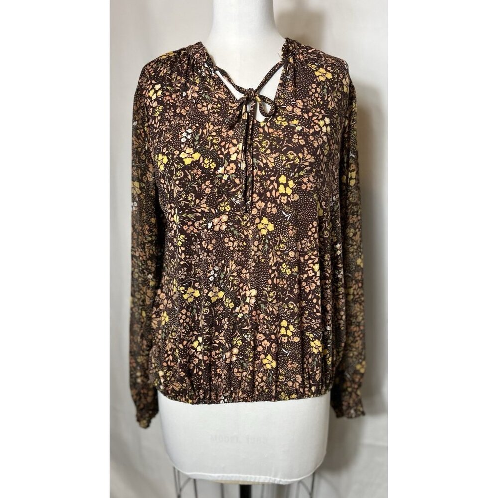 Cure‎ Floral Blouse long sheer sleeves with gold threads sz large elastic bottom